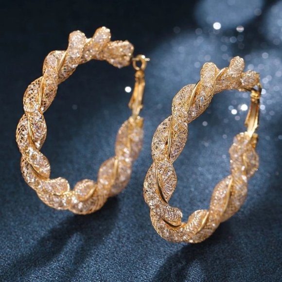 Jewelry - NEW 2'' Gold Braided 3D Diamond Hoop Earrings